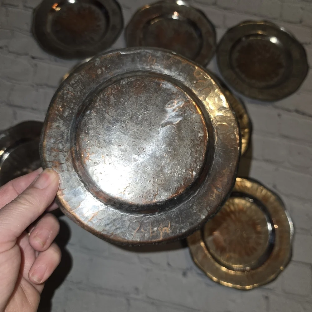 Vintage Hand Hammered Copper Dessert Plate Set Of 8